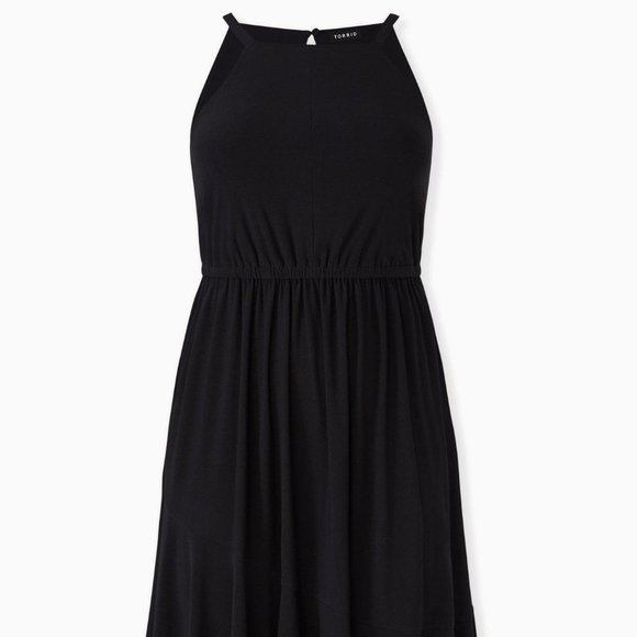 NWT Torrid Black Crepe High Neck Skater Dress Sleeveless Pocket Stretch - Picture 1 of 11